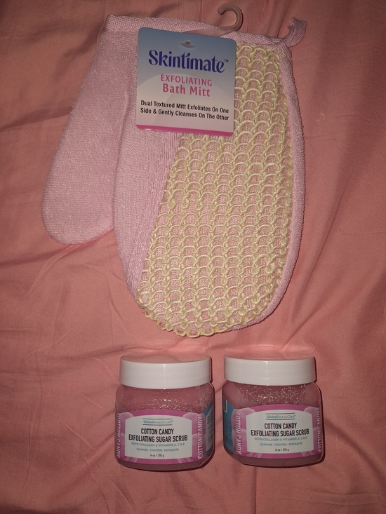 Custom Variety Pack Other - Skintimate Pink Exfoliating Bath Mitt with Cotton Candy Sugar Scrubs Set